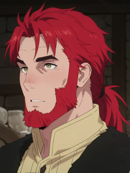 masterpiece, best quality, amazing quality, 1 boy, solo, male focus, Belgrieve, belgrieve, long hair, red hair, facial hair, ponytail