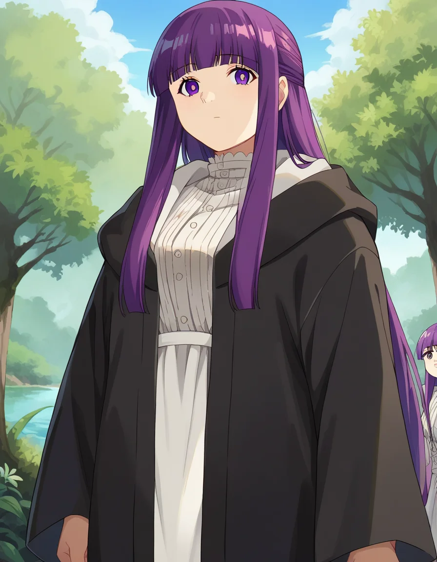 score_9, score_8_up, score_7_up, source_anime,
fern, <lora:fern-s1-ponyxl-lora-nochekaiser:1>,
fern, long hair, bangs, purple eyes, purple hair, sidelocks, blunt bangs, bright pupils, half updo,
long sleeves, dress, white dress, long dress, robe, black robe,
outdoors, nature, forest, trees, river, sun, sky, clouds,
looking at viewer, cowboy shot, dutch angle,