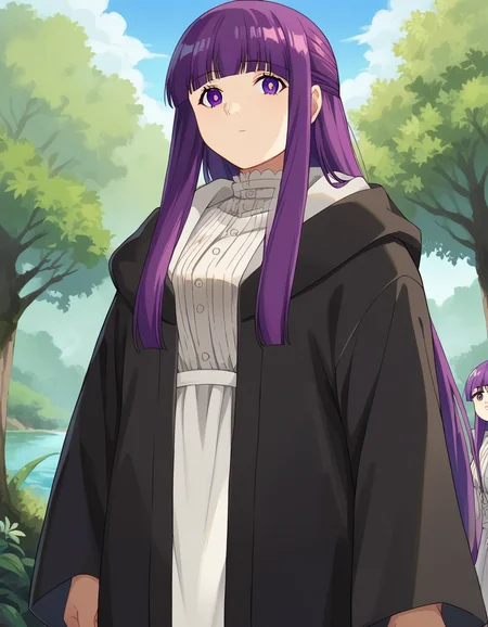 score_9, score_8_up, score_7_up, source_anime,
fern, <lora:fern-s1-ponyxl-lora-nochekaiser:1>,
fern, long hair, bangs, purple eyes, purple hair, sidelocks, blunt bangs, bright pupils, half updo,
long sleeves, dress, white dress, long dress, robe, black robe,
outdoors, nature, forest, trees, river, sun, sky, clouds,
looking at viewer, cowboy shot, dutch angle,