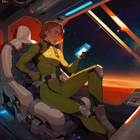 score_9, score_8_up, score_7_up, masterpiece, high quality, 1girl, sitting, space suit, tight suit, starship cockpit, stars, science fiction,