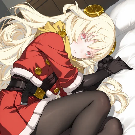 <lora:Warg_3_nai-000071:1>,Majin Warg,hair ornament,
official outfit,black pantyhose,black gloves,belt,red skirt,elbow gloves,red jacket,yellow scarf,cropped jacket,fur trim,
1girl,solo,on bed,looking at viewer,dutch angle,face_focus,knee up,on side,