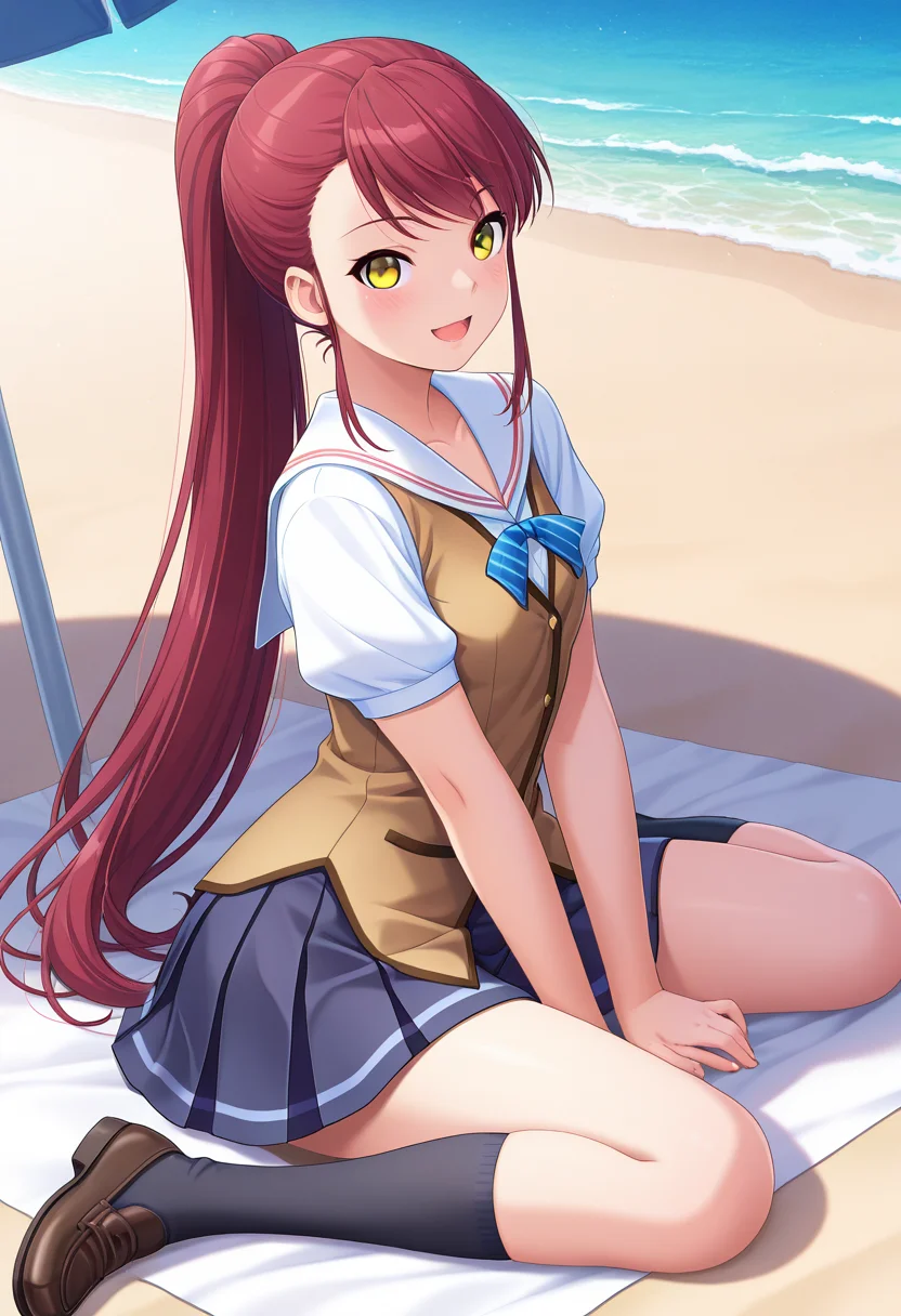 masterpiece, best quality, amazing quality, 1girl, solo, sayaww, yellow eyes, red hair, long hair, very long hair, ponytail, small breasts, school uniform, blue striped bowtie, white sailor shirt, brown vest, short sleeves, dark blue pleated skirt, black kneehighs, loafers, <lora:Niimi_Saya_Alea_ill:0.9>, from side, looking at viewer, smile, blush, open mouth, outdoors, beach, ocean, sand, beach umbrella, sitting, wariza, skindentation, detailed clothing folds, depth of field, sharp, high contrast, dynamic light