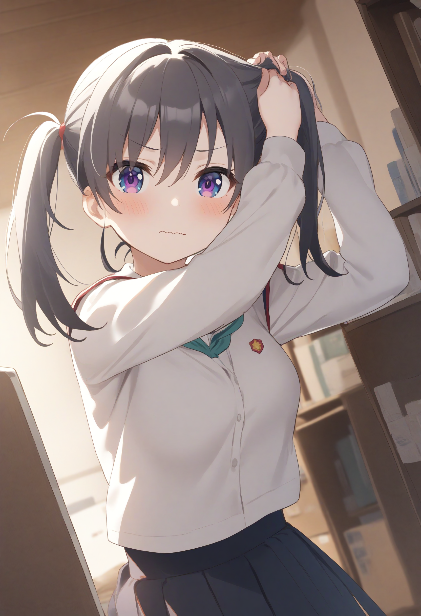 1girl,sincos, ningen mame, toosaka asagi,solo,medium breasts,school uniform,
tying hair,twintails,<lora:tyinghairtwintails_XL_v1:0.8>
ceiling, cinematic angle, looking to the side, silver hair, purple eyes,wavy mouth, arms Shop, closed mouth,
best quality, very aesthetic, absurdres