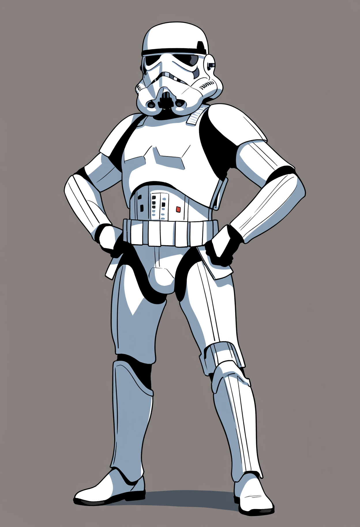 best quality, amazing quality, very aesthetic, absurdres,
1boy,
stormtrooper, helmet, armor, pants,
standing, full body, hands on hips,
solo, looking at viewer, simple background, white background,  <lora:StormtrooperNoobXL_byKonan:1>