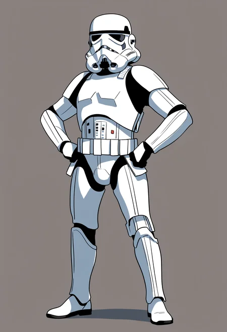 best quality, amazing quality, very aesthetic, absurdres,
1boy,
stormtrooper, helmet, armor, pants,
standing, full body, hands on hips,
solo, looking at viewer, simple background, white background, <lora:StormtrooperNoobXL_byKonan:1>