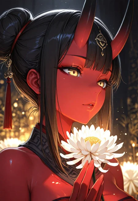 masterpiece, best quality,high quality, newest, highres,8K,HDR,absurdres,4ur4_illu,shiny, <lora:Aura_illu:1>,4ur4_illu, 1girl, depth of field,
BREAK
(EyesHD:1.2), (4k,8k,Ultra HD), masterpiece, best quality, ultra-detailed, very aesthetic, sharp focus, depth of field, ray tracing, best lighting, detailed illustration, detailed background, cinematic, glowing particles, shinny, glitter, beautiful face, beautiful eyes,
BREAK
ambient occlusion, raytracing, soft lighting, blum effect, masterpiece, absolutely eye-catching, particles, glow, shining, intricate cinematic background,
BREAK
masterpiece, amazing quality, best quality, ultra-detailed, 8K, illustrating, CG, clear skin, ultra-detailed-eyes, detailed background, cute girl, eyelashes
BREAK
(Sexy, slutty, aroused)
BREAK
Aka-Oni, oni, colored skin, (red skin:1.3), smooth horns, black horns
BREAK
hanfu, double hair bun, (Sexy lips), red cloth draped figure, white chrysanthemum, conceptual portrait, anonymous subject, obscured human form, mysterious atmosphere, minimalist composition, dark moody lighting, rich textures, monochromatic scheme,best quality,masterpiece,