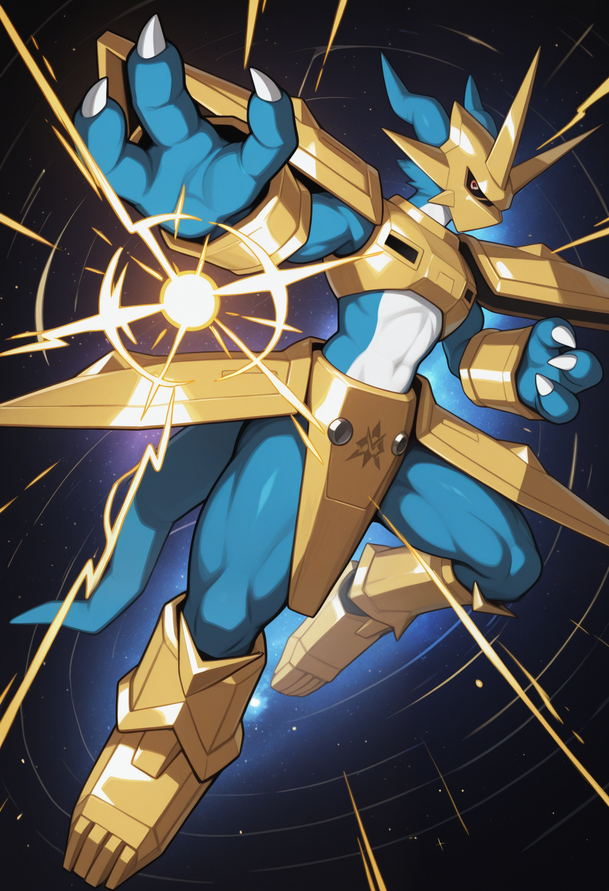 masterpiece,best quality,amazing quality, 1boy, solo,  m4gn4m0n, digimon (creature), gold helmet, gold breastplate, gold pauldrons, gold gauntlets, gold crotch plates, gold shin guards, gold footwear, full body, red eyes, tail, attack, galaxy,