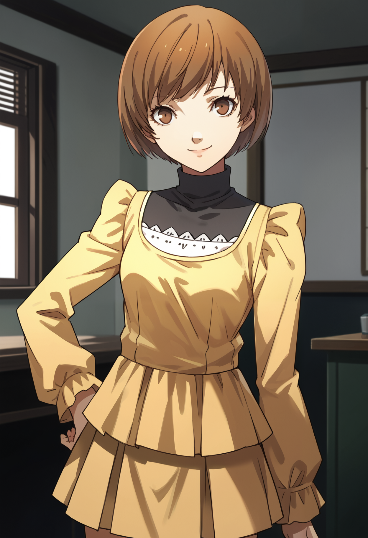 score_9, score_8_up, source_anime
1 girl, solo, cute face,
p4chie, satonaka chie, short hair, brown hair,
p4chie-wincas2, black turtleneck, long sleeves, yellow dress, long sleeve dress, ruffled dress, brown pleated skirt,
indoors, looking at viewer, smiling,
masterpiece, best quality, ultra detailed,