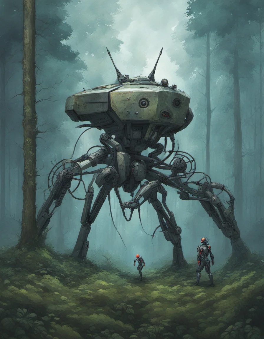 apocalyptic a robot with a large turret on its top, spider robot, in forest <lora:Apocalyptic:1>