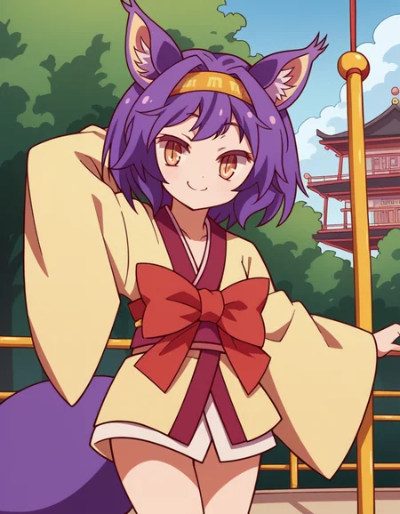 score_9, score_8_up, score_7_up, source_anime, <lora:izuna-hatsuse-s1-ponyxl-lora-nochekaiser:1>, izuna hatsuse, short hair, animal ears, purple hair, hairband, animal ear fluff, fox ears, slit pupils, yellow eyes,, bow, tail, japanese clothes, wide sleeves, kimono, fox tail, short kimono,, public park, playground, swing set, laughter, sunny day, , , hand behind head, smile,, solo,, cowboy shot, dutch angle