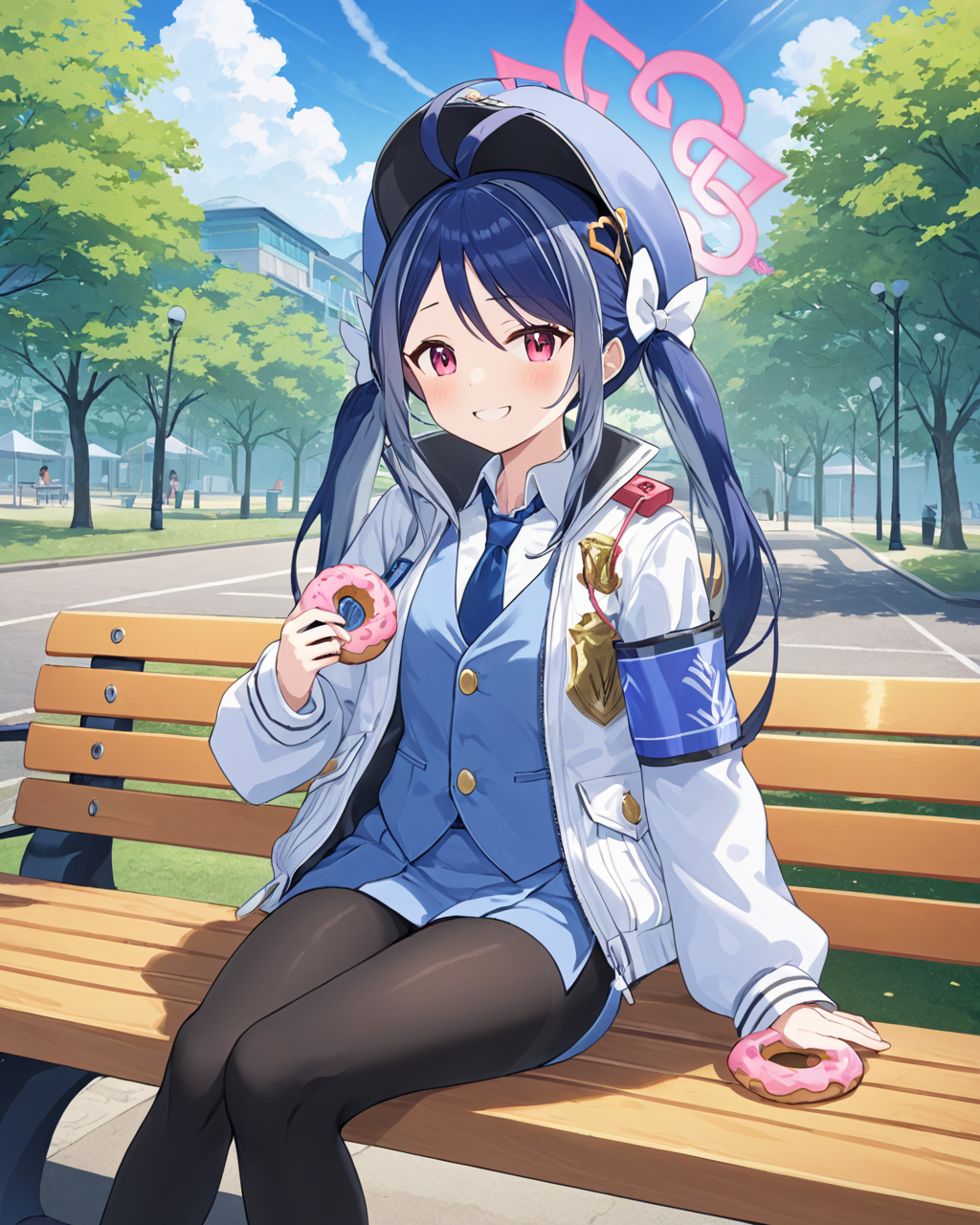 fubuki \(blue archive\),1girl, doughnut, twintails, halo, park_bench, food_on_face, outdoors, smile, sitting, solo, holding_food, blue_necktie, eating, white_jacket, long_sleeves, sky, blue_vest, looking_at_viewer, helmet, sidelocks, black_pantyhose, armband, uniform, disposable_cup, day, depth_of_field, hair_ornament, cloud, blush, headwear_removed, collared_shirt, feet_out_of_frame, hair_bow, lamppost, paper_bag, open_jacket
<lora:fubuki_(blue_archive)_image542_2023-11-26-000015:1>halo. gorgeous,key visual, vibrant, studio anime,award-winning, professional, highly detailed,high budget, cinemascope