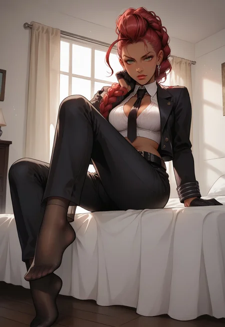 safe_pos, score_9, score_8_up, score_7_up, western cartoon, crimson viper, 1girl, (((dark-skinned female))), mature female, red hair, long hair, pompadour, single braid, green eyes, no eyewear, black jacket, necktie, necktie between breasts, open shirt, white shirt, crop top, navel, black gloves, belt, barefoot, (((black pants, black socks, transparent socks))), beautiful face, detailed face, volumetric lighting, dramatic lighting, g0thicPXL, fFaceDetail, high quality, masterpiece, sit on bed, bedroom, from below, full body
