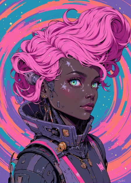 <lora:ck-Sci-Fi-Concepts:0.7>, in the style of ck-sfc, a whimsical alien cyberpunk humanoid android with wide, sparkling eyes in shades of turquoise and teal, filled with childlike curiosity. Her smooth, dark skin contrasts with her bubblegum pink, wavy hair that bounces around her face in playful curls. mechanical parts on neck and armor, the background is a vibrant swirl of candy colors—soft magentas, electric blues, and playful oranges—resembling a cosmic candyland. joyful, energy, like an alien pop star from a far-off, cheerful galaxy. The entire image exudes charm and fun, blending futuristic tech with a candy-colored fantasy.
<lora:ck-nc-luminal-genesis:0.8>
<lora:flux.1_lora_flyway_Epic-detail_v2:0.6>
<lora:CPA:0.5>
<lora:BLUE_mk4_angel_FLUX_01:0.30>