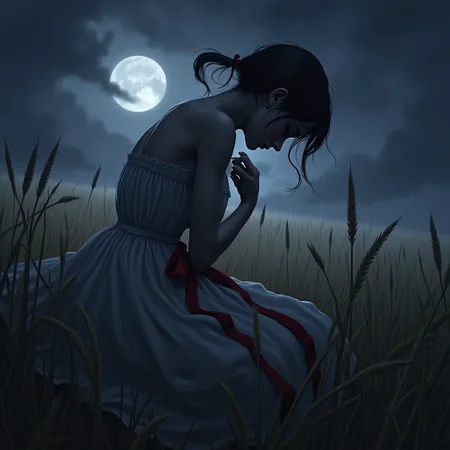 ArsMJStyle, dnddarkestfantasy, , best quality, highres, absurdres, source_anime, 1girl, ArsMJStyle, dnddarkestfantasy, dark, dark fantasy, summer dress, in the middle of a summer wheat field, moonlight, side view, solemn, somber, holding a red ribbon in one hand, clutching ribbon to chest, leaning forward, tears, jill stingray, twintails
