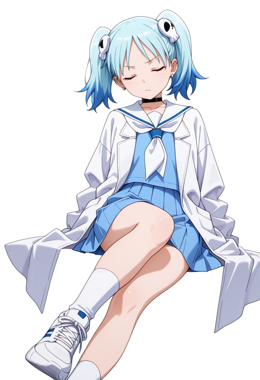 masterpiece,high quality details, absurdres,
 <lora:Izutsumi_Marín:0.8>
izutsumi_cnr, 1girl, blue hair,yellow eyes, multicolored hair,  skull hair ornament, twintails, black choker,ear piercing,
white sailor collar, blue serafuku, blue shirt,blue skirt,labcoat, white socks, sneakers,, simple background, white background, dynamic angle,solo,, annoyed,closed eyes,, :|,, ultra realistic, high detailed skin,