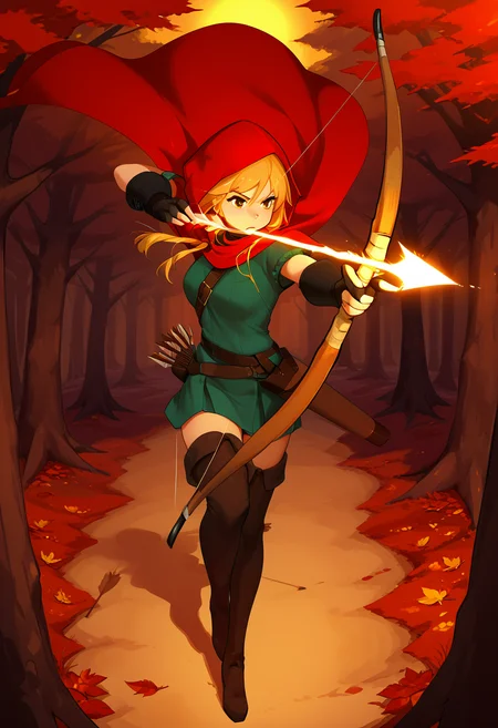 masterpiece, best quality, zzArrow, zzAtU, red hood, bow and arrow, forest, target, focused expression, green outfit, leaves, dynamic pose, sunset, full body, cape, thighboots, determined, woodland, archery, nature, shadows, action shot ,(dynamic pose, foreshortening), ,<lora:ZZArrow_IXL:1.0>,