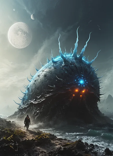 living spaceship in the form sea slug, lands, planet, attack angle, 8k <lora:LeafSheepSeaSlug:0.1> <lora:Desolation:0.7>