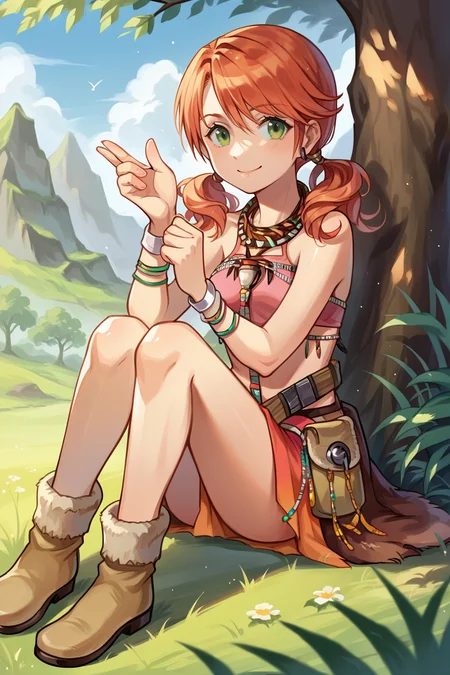 score_9, score_8_up, score_7_up, source_anime BREAK 1girl, solo, <lora:vanille-pdxl-nvwls-v1:1> vanille, twintails, green eyes, tribal jewelry, necklace, bracelet, beads, pink crop top, belt, sarong, fur-trimmed boots, sitting on the ground, smile, looking at you, happy, grass, field