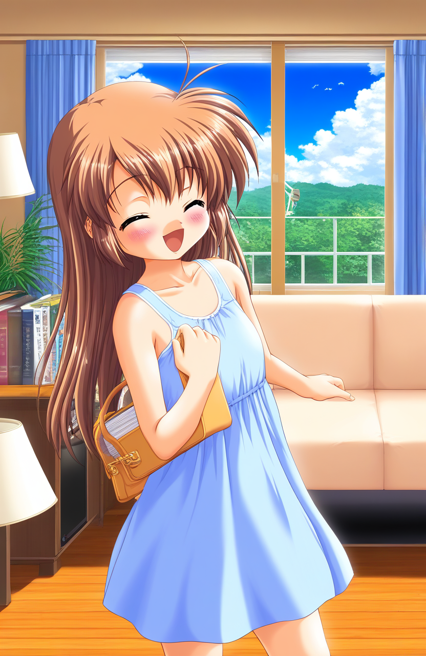 masterpiece, best quality, good quality, newest, <lora:Mizuki_Shiori_XL:1>Mizuki_Shiori, closed eyes, flat chest, brown hair, short stack, happy,
 1girl, solo, long hair, light blue dress, blush, open mouth,  clothes lift,   sundress, looking at viewer, sleeveless,
cowboy_Shot,
window, scenery, chair, tree, wooden floor, book, curtains, television, table, couch, bag, indoors, shelf, bookshelf, plant, sky, day, door, bed, cloud, lamp, box, cat, desk