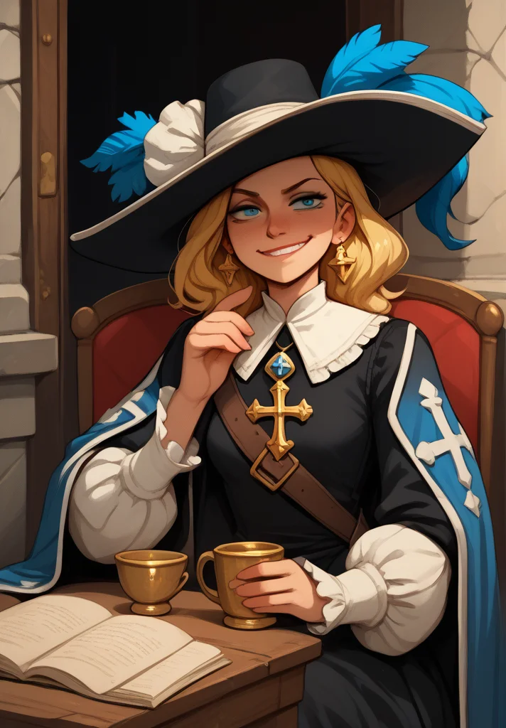 1girl, blonde hair, smug, grin, <lora:Gothic:1> 1gothic1,
<lora:Musketeer:1> musketeer, mu$k3t33r <lora:Noss:0.5> noss, cartoon,, score_9, score_8_up, score_7_up, score_6_up, score_5_up, score_4_up, BREAK