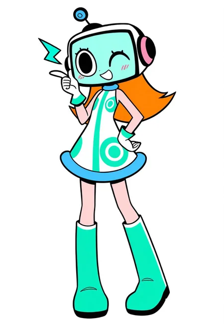 score_9, score_8_up, score_7_up,8k,(masterpiece,best quality)),best res,,good anatomy,cute,(sexy:1.3),ultra cute, ,face,hot,female,smiling,extremely detailed face,4k,happy, upper body,,detailed eyes,beautiful,smiling,,cute,very cute,, ,blushing,upper body,tall,arms,, solo, blush, perfect lighting, hips, skinny,,,blushing,smiling,tall female,ALT, 1girl, solo, long hair, looking at viewer, open mouth, simple background, gloves, dress, bare shoulders, standing, full body, boots, one eye closed, sleeveless, hand up, white gloves, white dress, orange hair, black eyes, :o, hand on own hip, sleeveless dress, headphones, short dress, transparent background, knee boots, robot, pointing, index finger raised, headset, android, electricity, television, green footwear, ;o, lightning bolt symbol, robot ears, radio antenna, robot girl, aqua footwear, white background