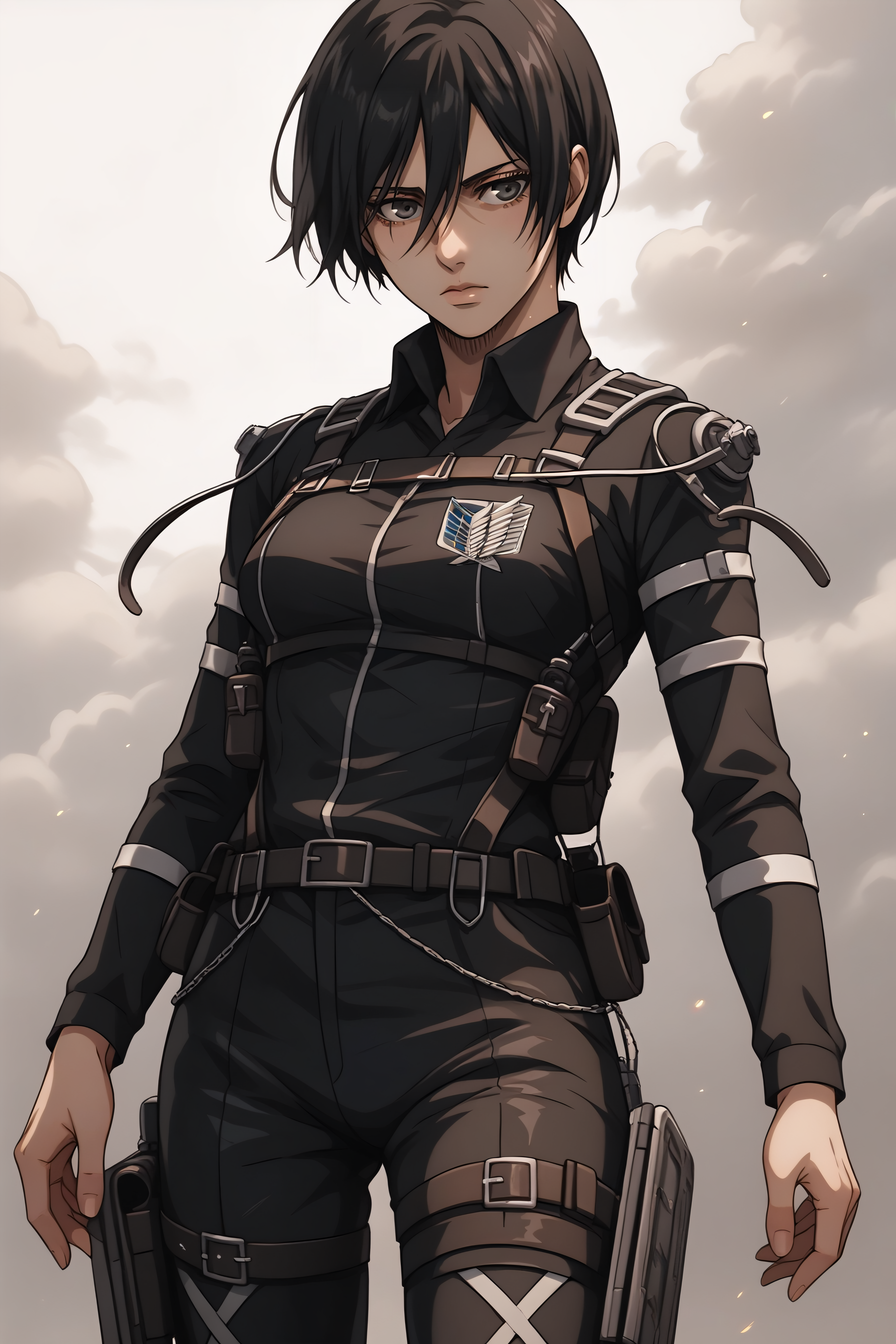 score_9, score_8_up, score_7_up, score_6_up, BREAK source_anime, <lora:adult mikasa ackerman-PonyXL-lora-faxtron:0.8> adult mikasa ackerman, black eyes, black hair, short hair, medium breasts, military uniform, armor, belt, thigh strap,