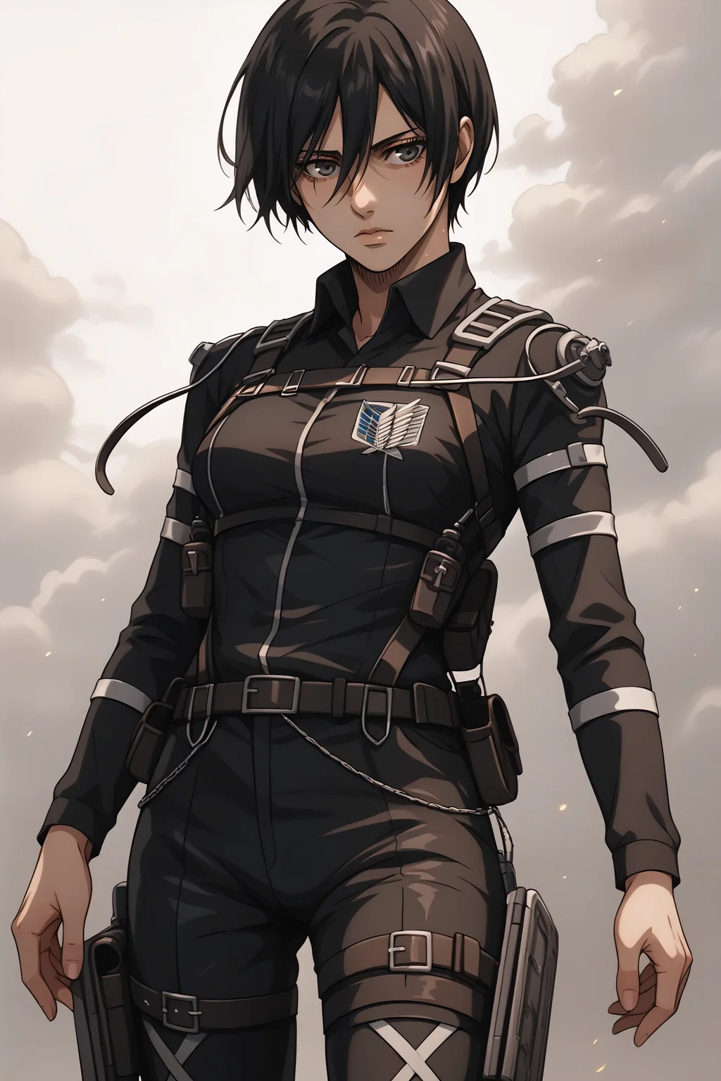 score_9, score_8_up, score_7_up, score_6_up, BREAK source_anime, <lora:adult mikasa ackerman-PonyXL-lora-faxtron:0.8> adult mikasa ackerman, black eyes, black hair, short hair, medium breasts, military uniform, armor, belt, thigh strap,