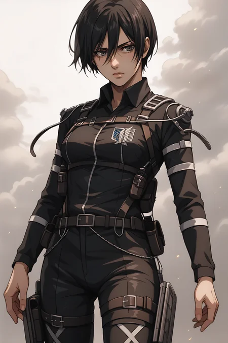 score_9, score_8_up, score_7_up, score_6_up, BREAK source_anime, <lora:adult mikasa ackerman-PonyXL-lora-faxtron:0.8> adult mikasa ackerman, black eyes, black hair, short hair, medium breasts, military uniform, armor, belt, thigh strap,