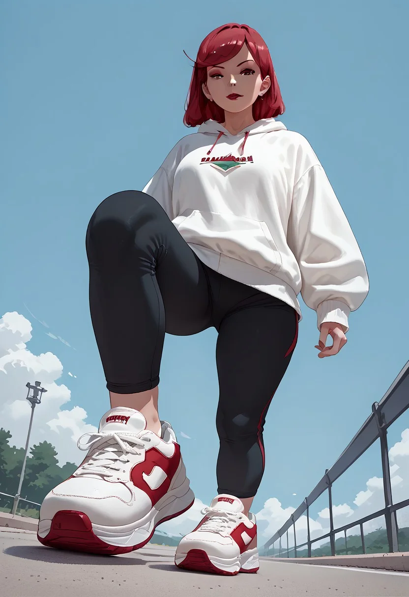 score_9, score_8_up, score_7_up, full body, chunkysneakers, sneakers, streetwear, Scarlett, 1girl, solo, standing on one leg, footwear focus, from below, source_anime, lineart, pov