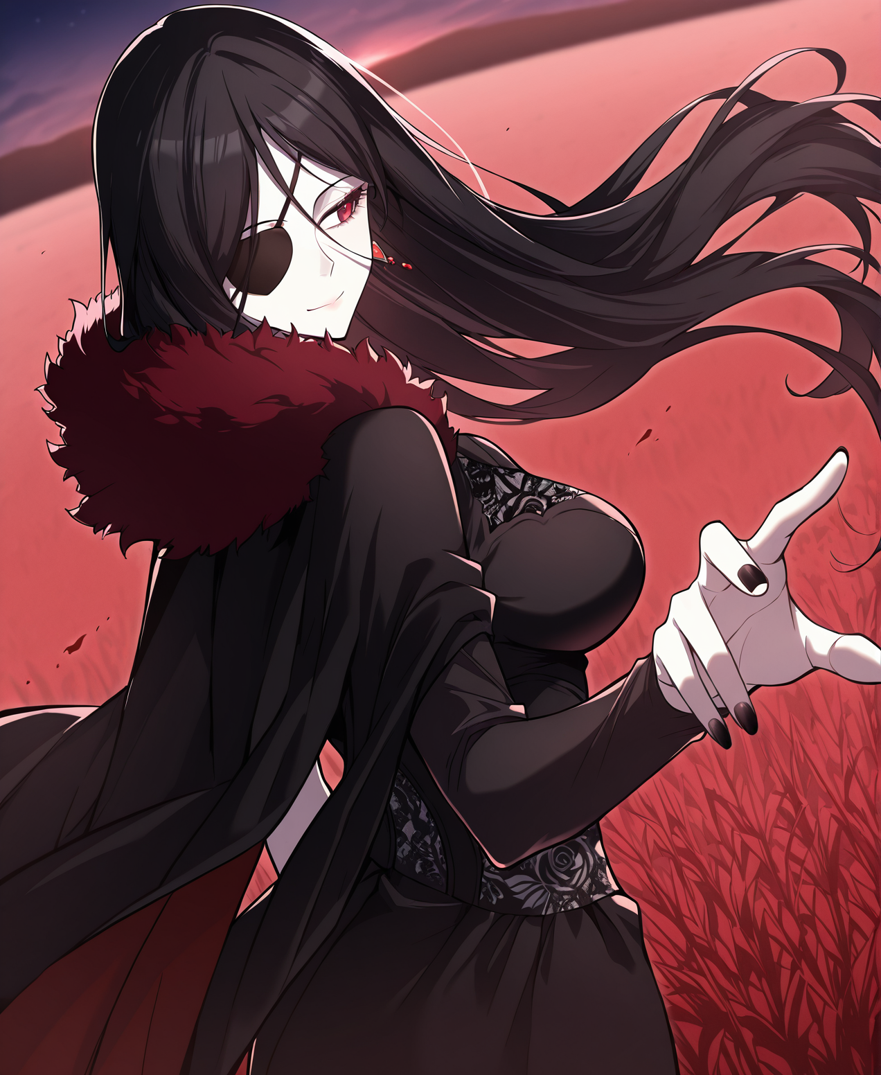 <lora:Hailey_Orga:1>
1 girl, solo, red eyes, black hair, long hair, hair between eyes, pale skin, large breasts
black dress, bridal gauntlets, cape, earrings, eyepatch, fur trim, black nails, black fingerless gloves, high heels, pantyhose, single glove
score_9, score_8_up, score_7_up, very aesthetic, source_anime, detailed, high quality, beautiful, masterpiece, detailed eyes, field, blurry background, pose dynamic angle, upper body, cowboy shot, light smile, looking back, reaching out, floating hair