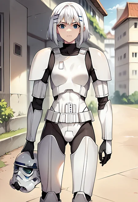 score_9, score_8_up, score_7_up, source_anime, masterpiece, 1girl, solo, ctiantobii, ctiantk421, armor, leotard, bodysuit, greaves, black gloves, looking at viewer, helmet removed, outdoors, holding helmet, <lora:Stormtrooper_tk421_pony_clothing_ct:0.7>, <lora:Origami_Tobiicchi_pony_ct:0.8>
