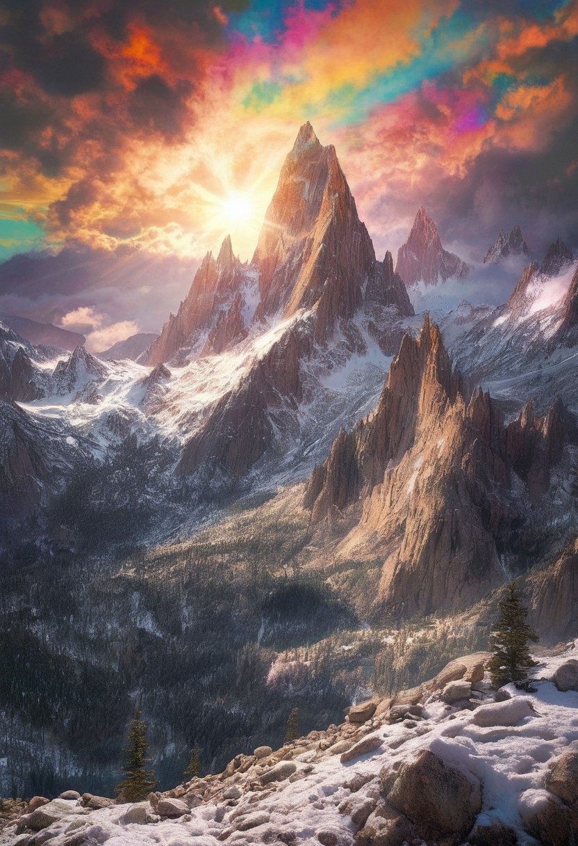 alpine-psychedelic vista, crystalline granite peaks, fractal snow patterns, volumetric light beams, monochromatic reality dissolving into sacred geometry psychedelic ansel adams in color,  harmony, serenity,, best quality, photorealistic, extremely sharp focus, light leaks, unusual colors, abstract multilayer texture, by Abigail Larson , detailmaximizer, midjourneyv6.1,