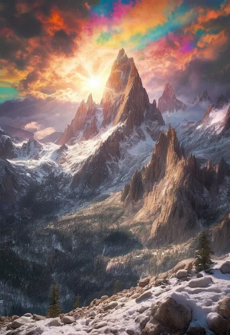 alpine-psychedelic vista, crystalline granite peaks, fractal snow patterns, volumetric light beams, monochromatic reality dissolving into sacred geometry psychedelic ansel adams in color,  harmony, serenity,, best quality, photorealistic, extremely sharp focus, light leaks, unusual colors, abstract multilayer texture, by Abigail Larson , detailmaximizer, midjourneyv6.1,