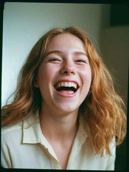 Analog photo of a woman looking like Daisy_Carmichael_P_MXAI_SDXL close up shot, laughing expression