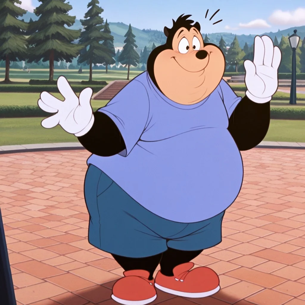 masterpiece, best quality, amazing quality, p3t3jr, male, furry male, anthro, solo, black fur, short hair, black eyes, black nose, small ears, overweight, blue shirt, white gloves, blue shorts, red shoes, standing, smile, waving hi, outdoors, park