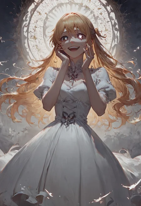 score_9, score_8_up, score_7_up, masterpiece, high resolution, concept art, cinematic lighting, hoshino ruby, blonde hair, long hair, white dress, black eyes, mismatched pupils, star-shaped pupils, traumatized, corrupted, hand on face, laughing out, looking down, fragile background, darkness,