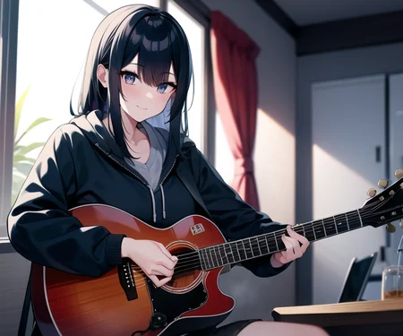 <lora:Something:0.8>,  girl playing guitar in an early morning apartment, dust particles, godrays shining through window,