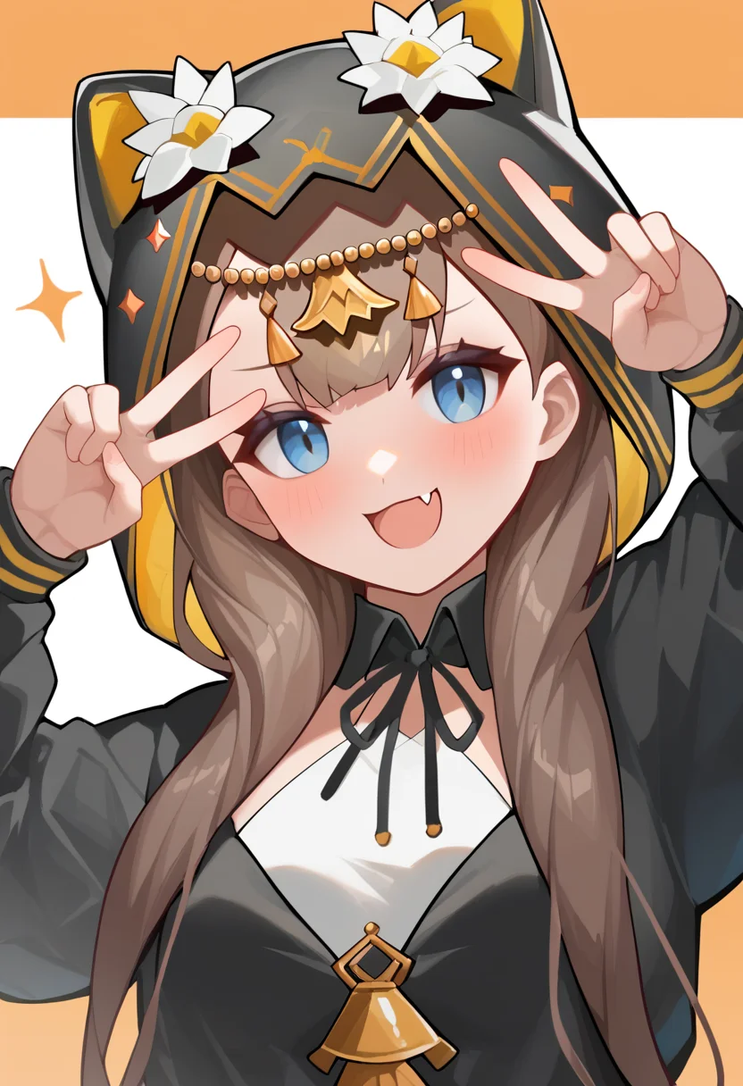 score_9,score_8_up,score_7_up,<lora:pepe_(arknights):1>,pepe_(arknights), facing_viewer, double_v, animal_hood, blush, shirt, solo, hood_up, long_sleeves, sparkle, open_mouth, hands_up, black_jacket, 1girl, skin_fang, :d, hooded_jacket