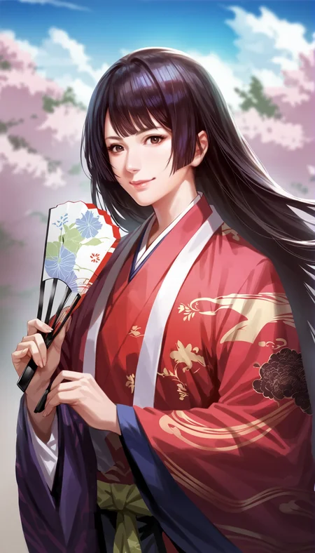 score_9,score_8_up,score_7_up,
highly detailed,highres,<lora:naotoraIi:0.8>,naotora ii,
1girl,solo,
black hair,long hair,hime cut,bangs,brown eyes,looking at viewer,smile,red kimono,layered red and purple fabric with white accents,intricate patterns,portrait,holding a hand fan,
outdoors,sky,simple background,blurry background,