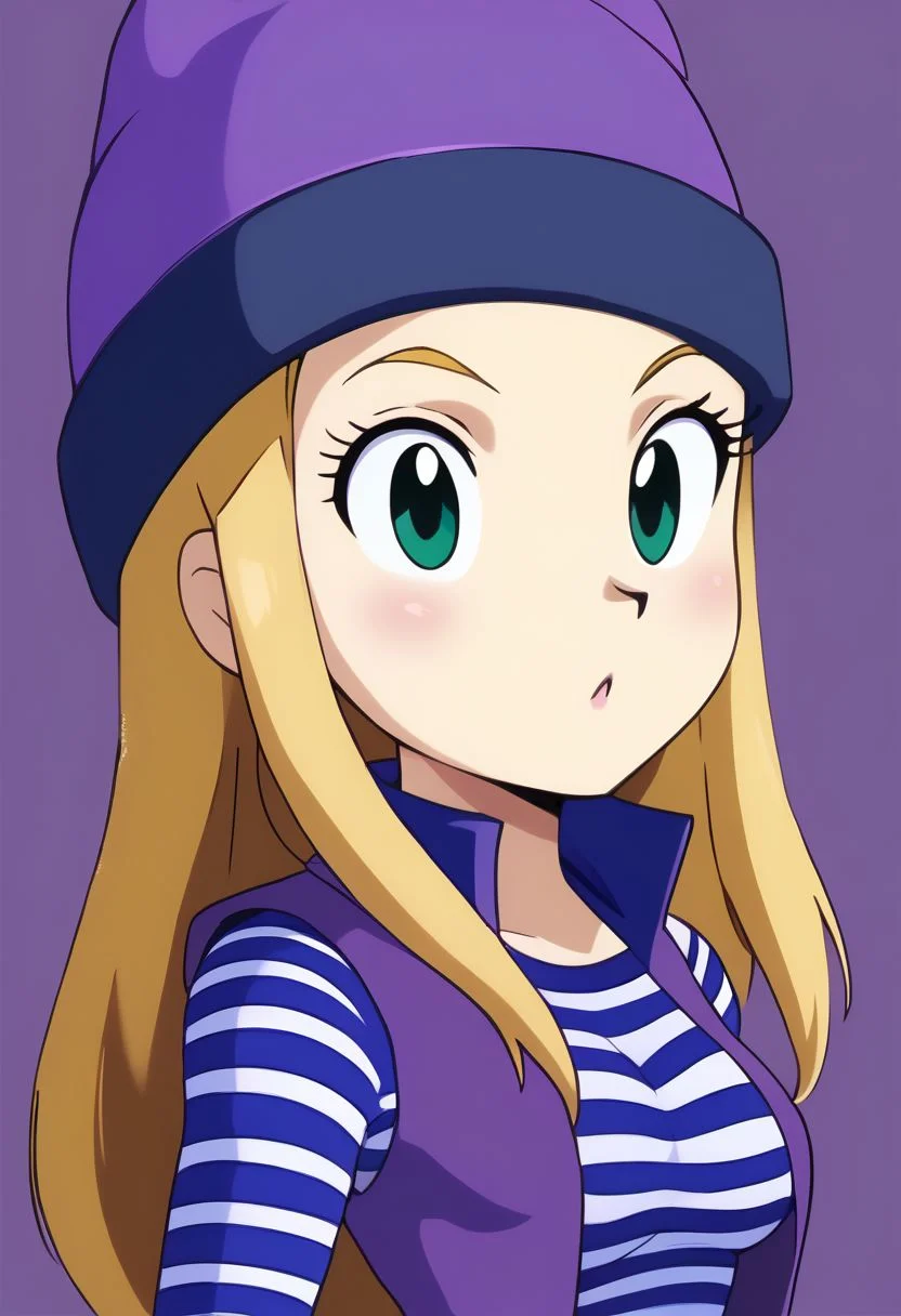 score_9, score_8_up, score_8, medium breasts, (curvy), cute, eyelashes,
BREAK,
zzIzumi, perfect, green eyes, blonde hair, long hair, purple vest, striped shirt, hat, zPDXL,