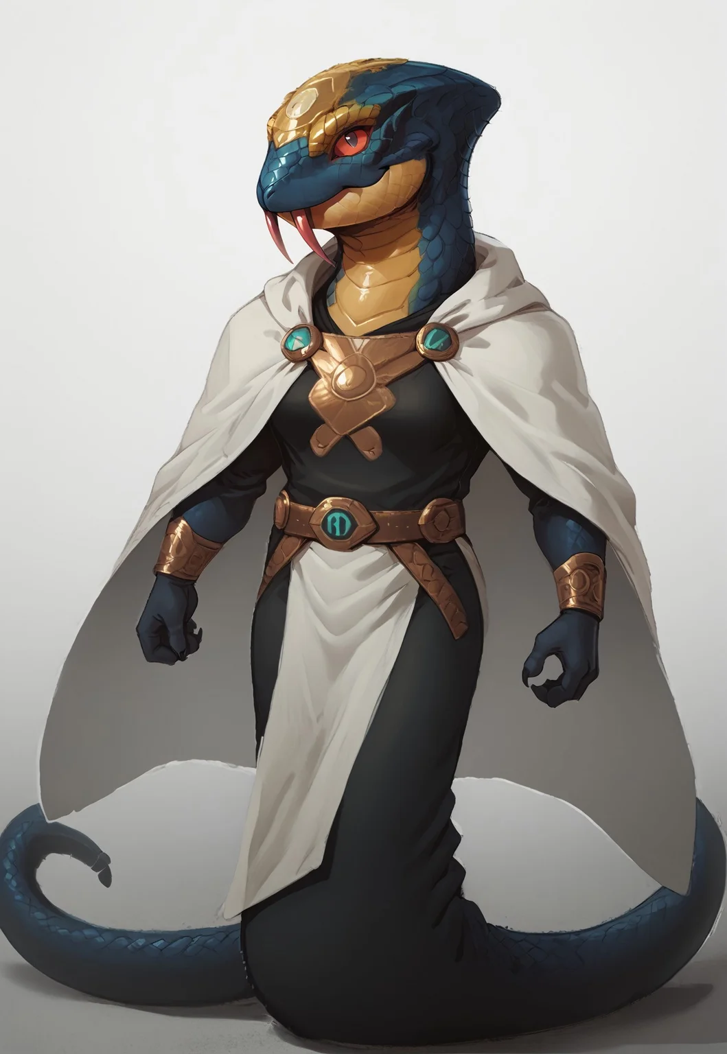 safe_pos, safe_pos, by dimwitdog, safe_pos, score_9,score_8_up,score_7_up,score_6_up,score_anime,
BREAK
1girl, seviper, anthro, covered breasts, red sclera, black scales, yellow scales, red fangs, looking at viewer, shirt, solo, medium breasts, upper body, snake tongue, forked tongue, white cape, full body, smile, pectoral cleavage, white background, championship belt, white pants, looking at viewer, black boots, brown dougi, standing, Chinoiserie, Peacock, snake,DAInquisition, anthropomorphic_snakes_(naga)