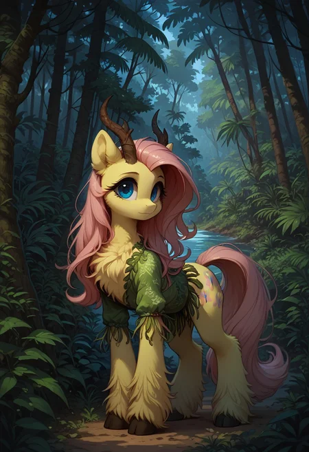 score_9, score_8_up, score_7_up, pony,( solo.:1.4) pony, mare, MegaFluffyPony, furry, fluffy, FlutterXL, Pink hair, blue eyes, standing, outdoors, forest, tropical_forest, dryad, horns, floral_clothes, sharp_outline,