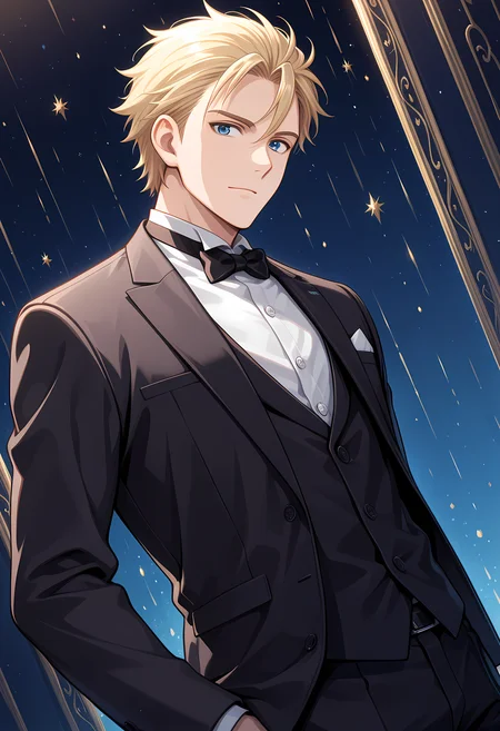 masterpiece, best quality, amazing quality, dutch angle, abstract background, BREAK
1boy, solo, male focus, aof_ryo, blonde hair, blue eyes, formal, black tuxedo, bow tie, BREAK
<lora:cfg_scale_boost:.6> <lora:Ryo_Sakazaki_-_Art_of_Fighting_-_ILXL:1>