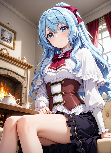 source_anime BREAK prefect lighting,very aesthetic,prefect hands,best quality,
intricate details,highly detailed background,(masterpiece:0.9),high quality,lustrous_skin,skindentation,(zPDXL3),
ultra delicate hair,
face_detail,
skin_detail,<lora:cfg_scale_boost>,
lustrous_skin,skindentation,
shiny skin,
<lora:seirei_gensouki_-_liselotte_cretia_il:0.7>,liselotte_cretia,long_hair,hair_between_eyes,blue_hair,ponytail,purple_bow,hair_bow,blue_eyes,
white_shirt,long_sleeves,white_dress,frills,black_skirt,red_bowtie,white_capelet,frilled_capelet,
masterpiece,best quality,ultra-detailed,Best-A,Medium-B,Low-C,Bad-D,cute,light_blush,dynamic_angle,
looking at viewer,small breasts,blush,bedroom,indoor,window_,curtains,fireplace,table,smile,sitting,couch,
teapot,tea cup,black tea,from_below,