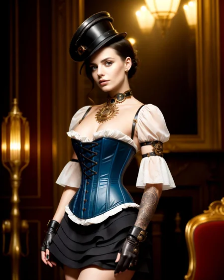 [fcDetailPortrait::0.2] (masterpiece, cover photo, style of helmut newton), ([style of Jovana Rikalo, OverallDetail:style of Liam Wong, HairDetail SkinDetail:0.4]:1.15), [Victorian:steampunk:0.6] setting, woman embodying a steampunk aesthetic with a Victorian twist, ((intricate corset design)), holding greasy spout oil can, steel boned corset with brass cogs and gear accents, layered bustle skirt in rich brocade, detailed with copper threading, high-collar ruffled blouse with puffed sleeves, leather gloves reaching just below the elbow, adorned with delicate clockwork pieces, striking leather boots with metal heel detailing, a combination of elegance and industrial flair, hair styled in a sophisticated updo, adorned with miniature steampunk-inspired hat, subtle yet striking makeup highlighting her sharp features, standing confidently in a vintage workshop setting, surrounded by brass and copper machinery, soft glow of ambient gaslights, casting dramatic shadows, the air filled with a sense of adventure and mechanical wonder, her presence a perfect blend of Victorian grace and steampunk boldness, captivating the viewer with a look that's both nostalgic and forward-thinking.,  <lora:kodak_ultramax_400:0.8> Dynamic use of shadows. Photorealistic, Natural atmospheric lighting, intricate details, 35mm photograph, film, professional, 4k visuals, highly detailed, elegant, studio quality.