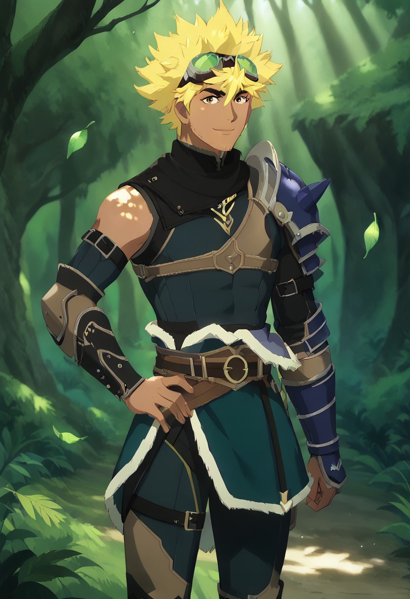 Zpdxl3, Score_7_up, score_8_up, cowboy shot, 1boy, solo male,anime screencap, soft lighting, gaussian blur, 
BREAK,
 Reverto, yellow hair, tan skin, goggles on head, armor, weapon on back, hand on hip, closed mouth, smile, stubble, boots,
outdoors, forest, dappled shadows, godrays, sunlight, falling leaves,