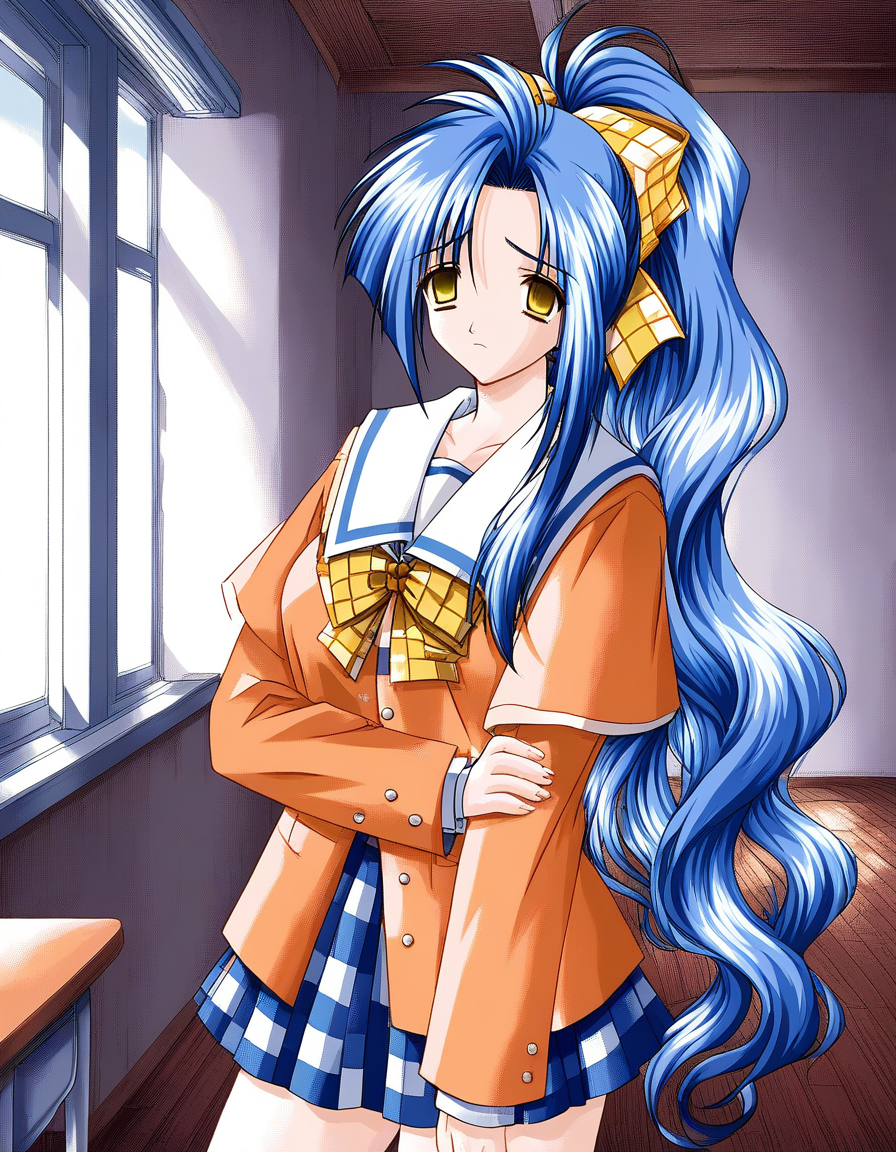 score_9, score_8_up, score_7_up, source_anime, rating_explicit, BREAK  <lora:Ai_akumu95_XL:1> Ai_akumu, blue hair, long hair, ponytail, hair ribbon, yellow eyes, breasts, Yellow plaid bow, empty eyes, 
light orange school uniform, blue checked skirt, standing,
looking at viewer, sad, 
cowboyShot,
room,