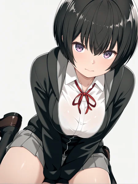 masterpiece,best quality,newest,
1girl,solo,
<lora:k_short_ilxlv1.2:1>,k_short,black hair,bob cut,purple eyes,hair between eyes,
white shirt,red ribbon tie,black jacket,school uniform,grey pleated skirt,black socks,loafers,
<lora:Fixhands_anime_bdsqlsz_V1:1>,looking_at_viewer,upper_body,white_background,simple_background,