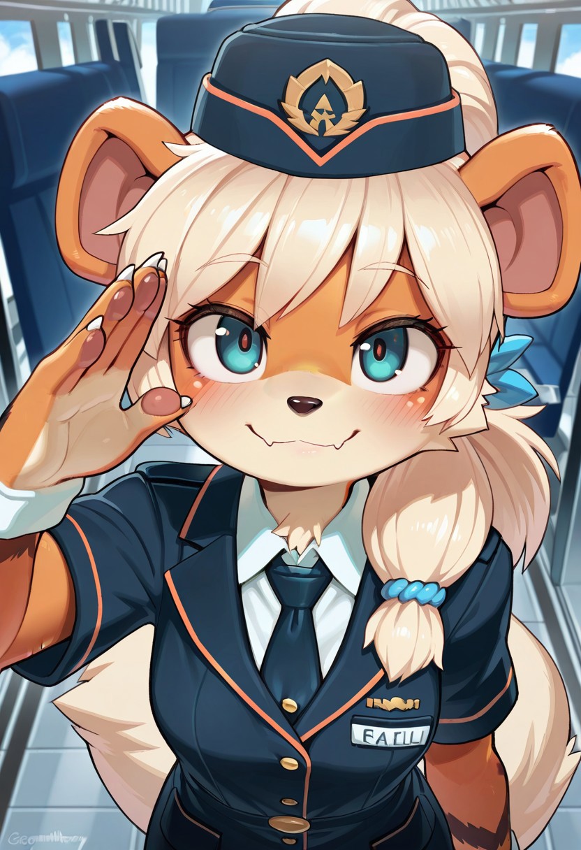 Wagashi_(Dagashiya), (mizumizuni:0.5), (wamudraws:0.5), (m-da_s-tarou:0.4), (porforever:0.5), (hotvr:0.3), 
(((growlithe furry, anthro, furry female))), (solo, flight attendant, hat, uniform, necktie, ponytail, saluting, standing, smile), looking at viewer, upper body, face focus, closeup, from front,
(amazing quality, very aesthetic, absurdres, best quality, newest, masterpiece, 4k resolution, detailed)