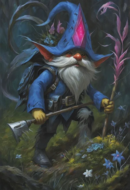 Excellence masterpiece a oil painting of a {Strange garden gnome on the hunt for small pests, rhombusism}, by (Jeff Soto:1.25), 4k textures, ultra detailed, (absurdres), trending in artstation